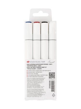 Набор акриловых маркеров СОНЕТ двусторонний, 4 цв популярные цвета, перо кисть/пуля, блистер NP-2731032328