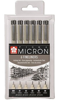 Набор капиллярных ручек SAKURA Pigma Micron 6 шт (0.2 мм, 0.25 мм, 0.3 мм, 0.35 мм, 0.45 мм, 0.5 мм) Черный MPPOXSDK-6