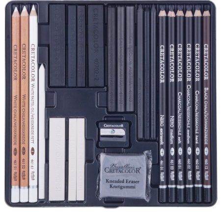 Набор для рисунков и эскизов CRETACOLOR Black&White Box 25 предметов, мет.пенал CR40026