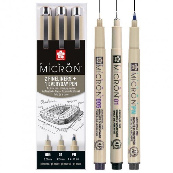 Набор капиллярных ручек SAKURA Pigma Micron 3 шт Urban (0.2 мм, 0.25 мм, Pigma PN 0.4-0.5 мм) MPPOXSDK3UR