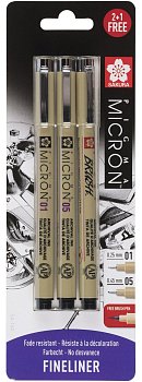 Набор капиллярных ручек SAKURA Pigma Micron 3 шт (0.25 мм, 0.45 мм + Pigma Brush) Черный MPBLXSDK3AS