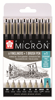 Набор капиллярных ручек SAKURA Pigma Micron 8 шт (0.2 мм, 0.25 мм, 0.3 мм, 0.35 мм, 0.45 мм, 0.5 мм + Pigma Brush + Pigma PN 0.4-0.5 мм) Черный MPPOXSDK8S